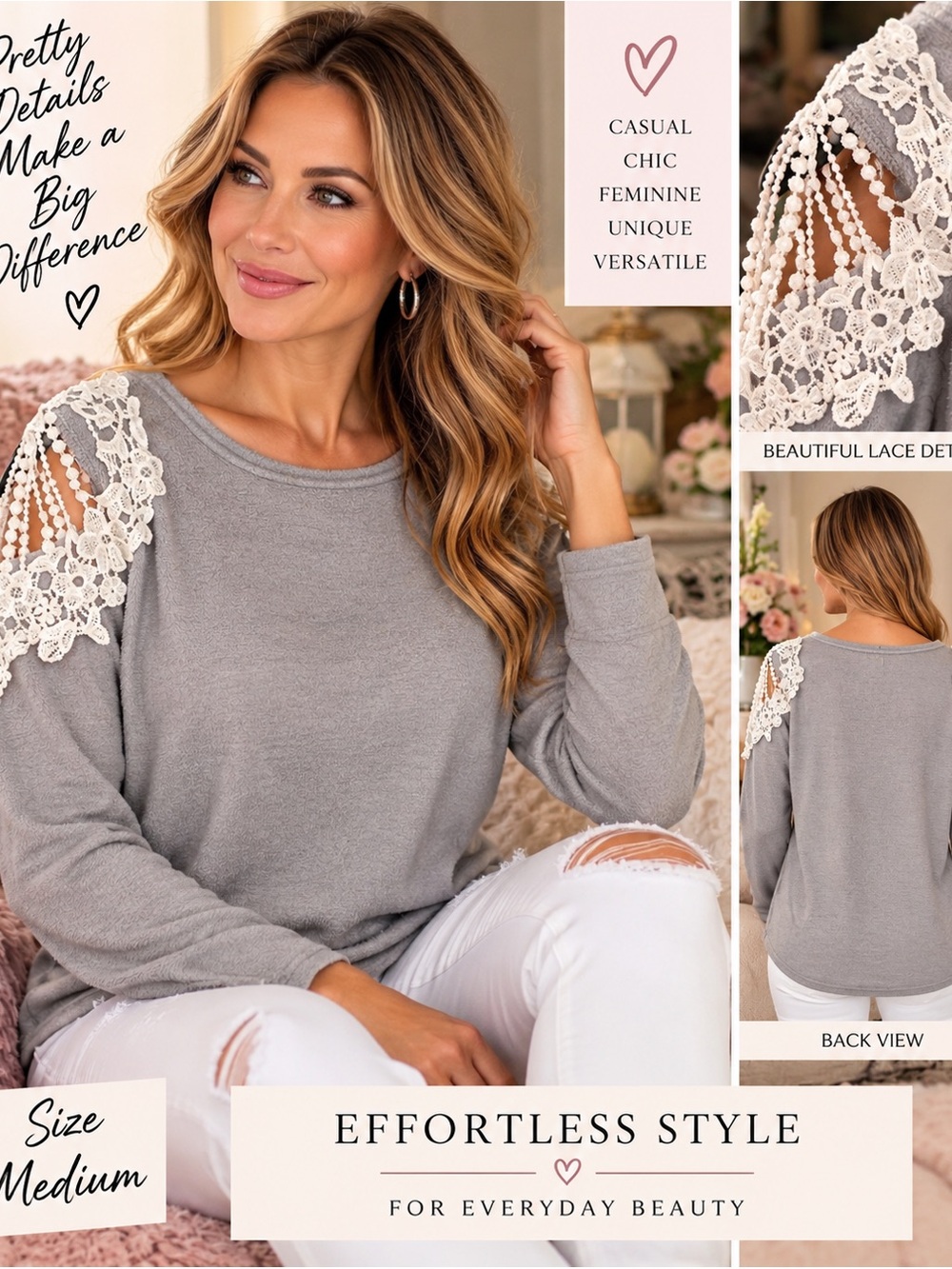 Gray Textured Top White Floral Lace Shoulder Detail Romantic Boho Medium